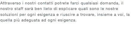 Attraverso i nostri contatti potrete farci qualsiasi domanda, il nostro staff sarà ben lieto di esplicare quali sono le nostre soluzioni per ogni esigenza e riuscire a trovare, insieme a voi, la quella più adeguata ad ogni esigenza.